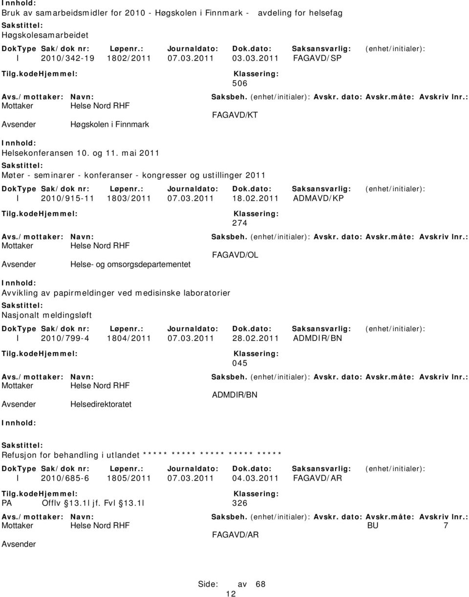 mai 2011 Møter - seminarer - konferanser - kongresser og ustillinger 2011 I 2010/915-11 1803/2011 07.03.2011 18.02.