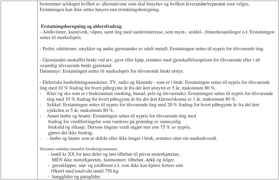 - Perler, edelstener, smykker og andre gjenstander av edelt metall: Erstatningen settes til nypris for tilsvarende ting.