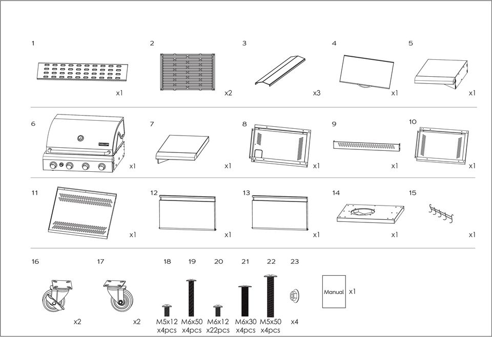 x2 x2 M52 x4pcs M6x50 x4pcs M62