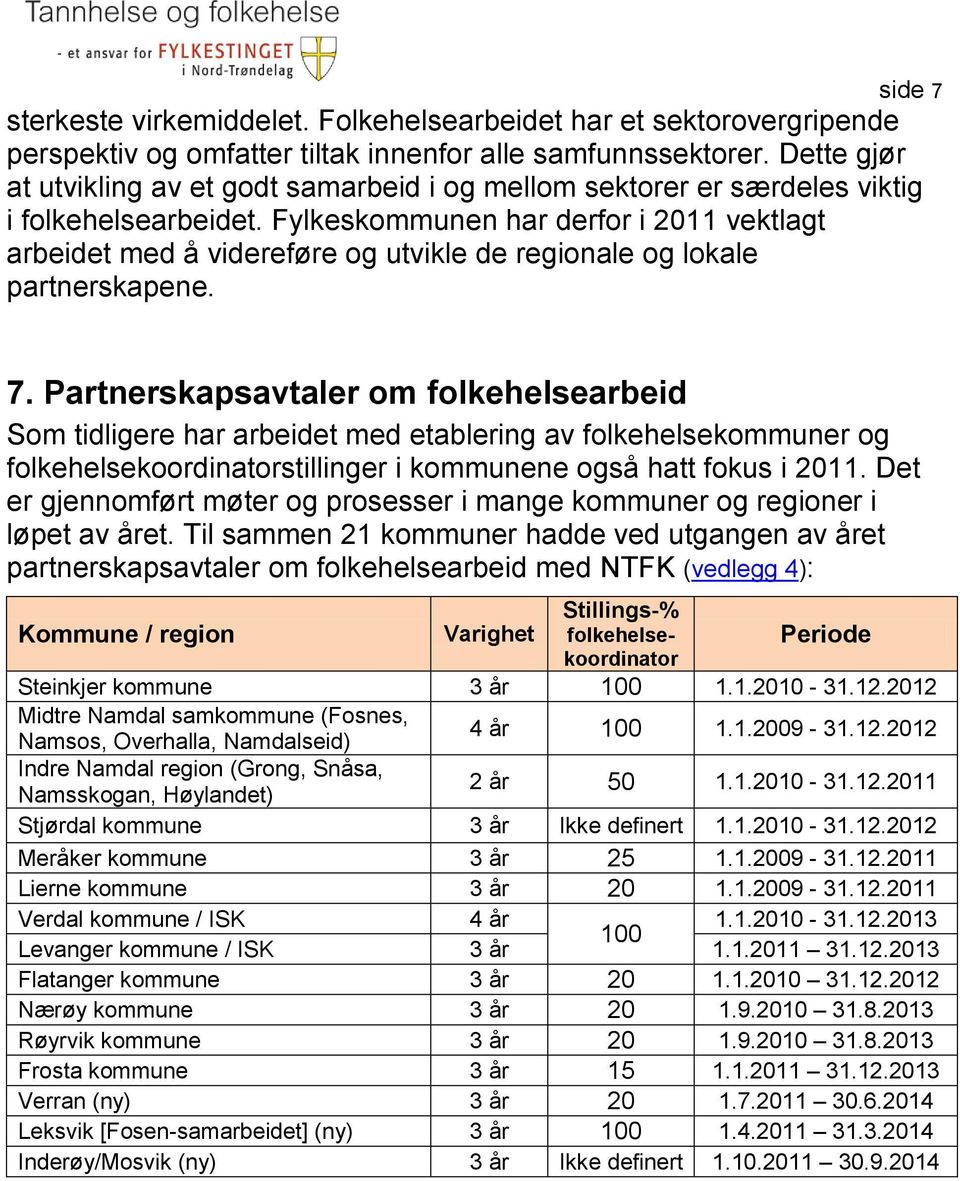 Fylkeskommunen har derfor i 2011 vektlagt arbeidet med å videreføre og utvikle de regionale og lokale partnerskapene. 7.