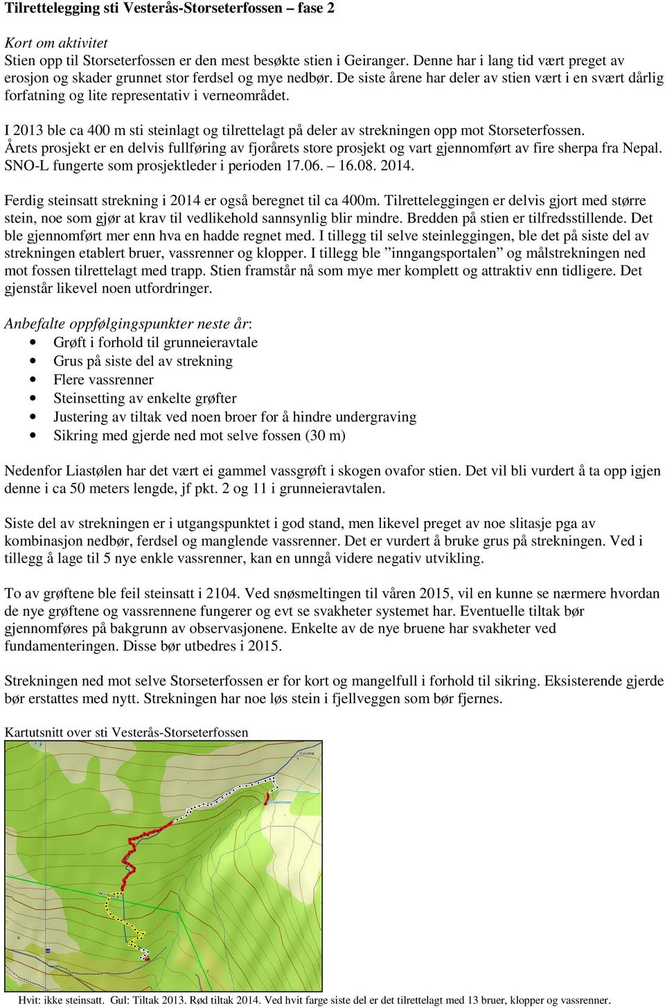 I 2013 ble ca 400 m sti steinlagt og tilrettelagt på deler av strekningen opp mot Storseterfossen.