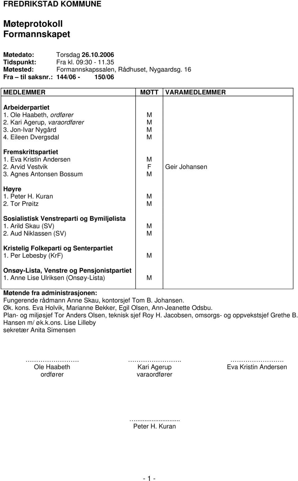 Eva Kristin Andersen M 2. Arvid Vestvik F Geir Johansen 3. Agnes Antonsen Bossum M Høyre 1. Peter H. Kuran M 2. Tor Prøitz M Sosialistisk Venstreparti og Bymiljølista 1. Arild Skau (SV) M 2.