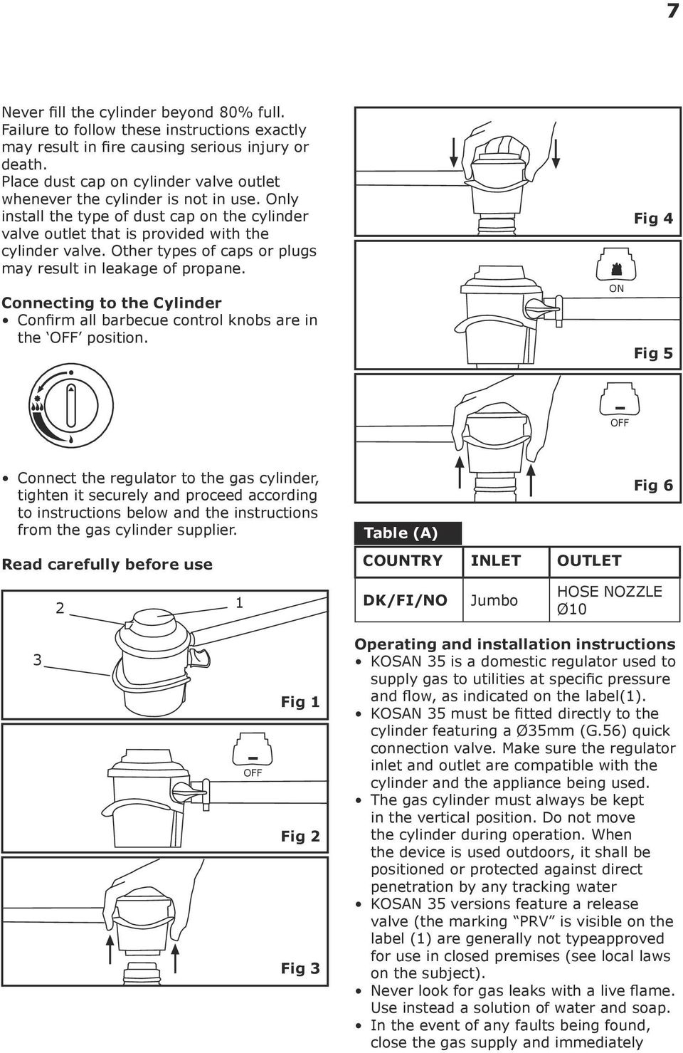 Other types of caps or plugs may result in leakage of propane. Connecting to the Cylinder Confirm all barbecue control knobs are in the OFF position.