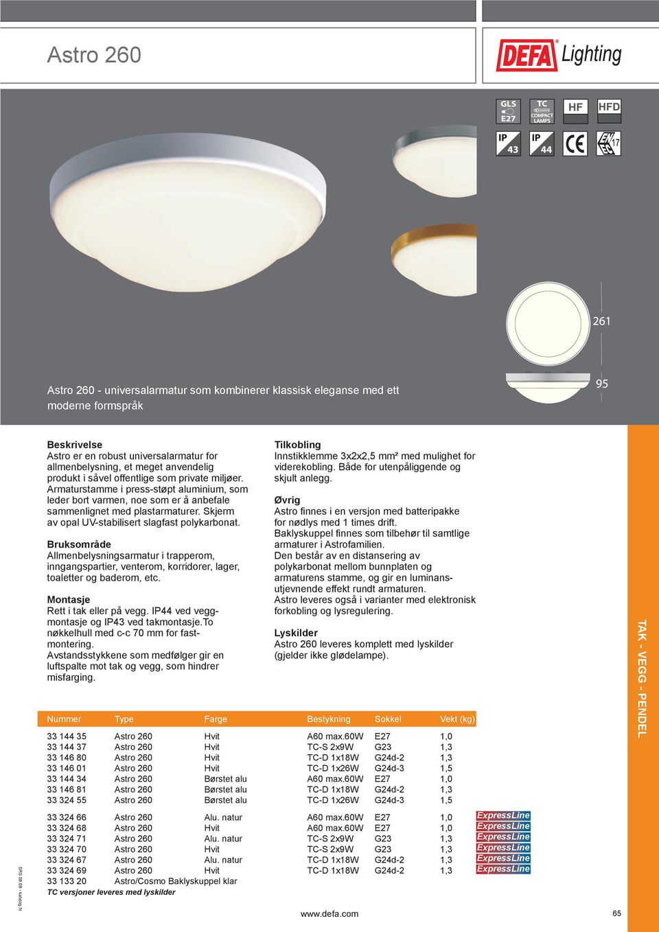 Skjerm av opal UV-stabilisert slagfast polykarbonat. Allmenbelysningsarmatur i trapperom, inngangspartier, venterom, korridorer, lager, toaletter og baderom, etc. Rett i tak eller på vegg.