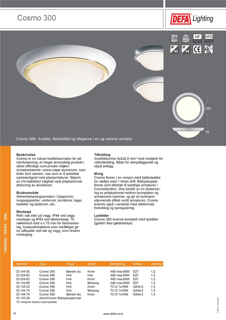 Skjerm av UV-stabilisert slagfast opal polykarbonat, dekorring av aluminium. Allmenbelysningsarmatur i trapperom, inngangspartier, venterom, korridorer, lager, toaletter og baderom, etc.