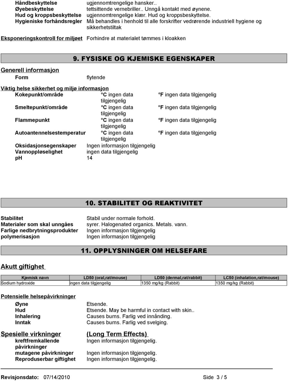 Hygieniske forhåndsregler Må behandles i henhold til alle forskrifter vedrørende industriell hygiene og sikkerhetstiltak Eksponeringskontroll for miljøet Forhindre at materialet tømmes i kloakken 9.