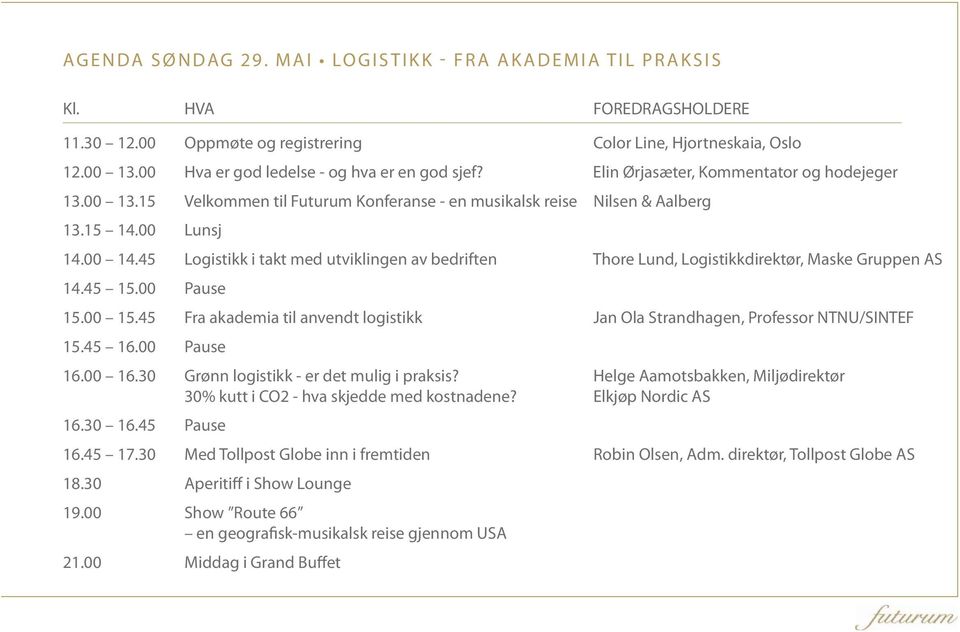 45 Logistikk i takt med utviklingen av bedriften Thore Lund, Logistikkdirektør, Maske Gruppen AS 14.45 15.00 Pause 15.00 15.