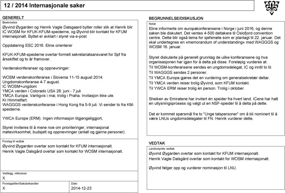 Verdenskonferanser og oppnevninger: WOSM verdenskonferanse i Slovenia 11-15 august 2014. Ungdomskonferanse 4-7 august. IC WOSM+ungdom YMCA verden i Colorado USA 28. juni - 7.juli YMCA Europa.