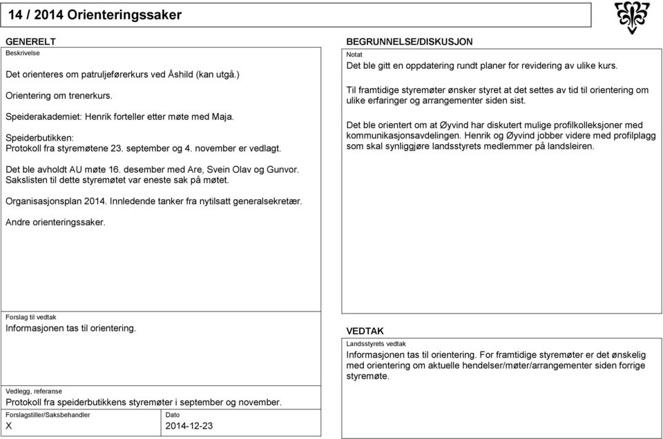 Til framtidige styremøter ønsker styret at det settes av tid til orientering om ulike erfaringer og arrangementer siden sist.