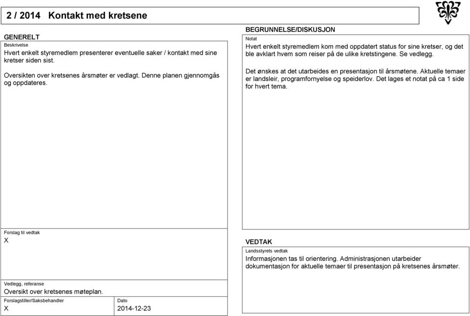 Se vedlegg. Det ønskes at det utarbeides en presentasjon til årsmøtene. Aktuelle temaer er landsleir, programfornyelse og speiderlov.