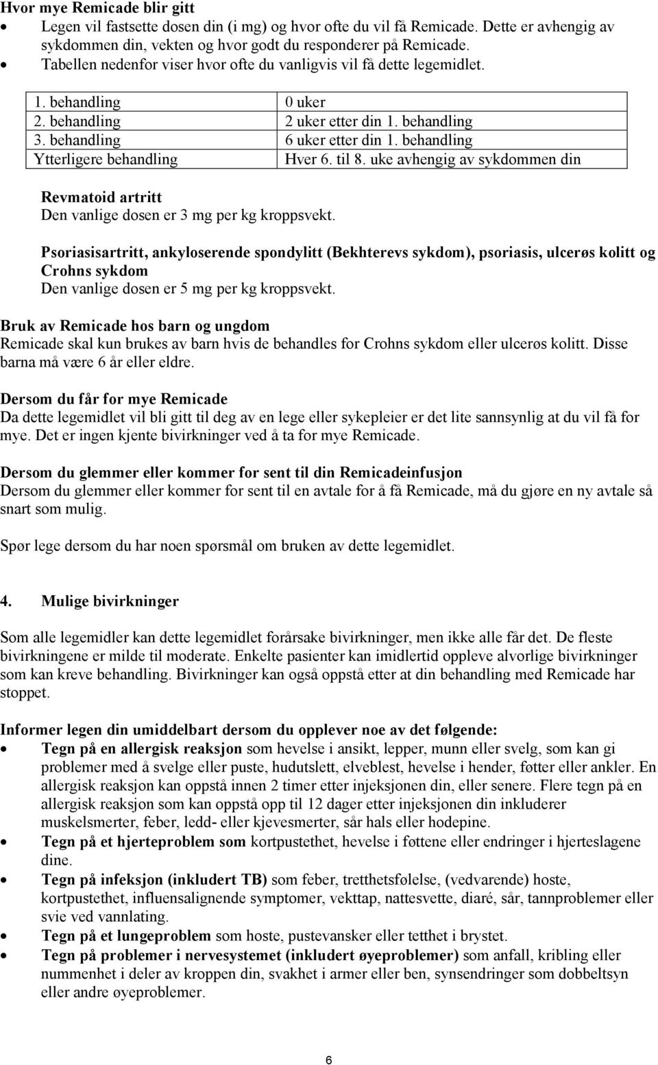 behandling Ytterligere behandling Hver 6. til 8. uke avhengig av sykdommen din Revmatoid artritt Den vanlige dosen er 3 mg per kg kroppsvekt.