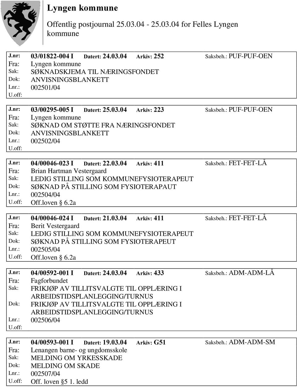 : FET-FET-LÅ Fra: Brian Hartman Vestergaard Sak: LEDIG STILLING SOM KOMMUNEFYSIOTERAPEUT Dok: SØ KNAD PÅ STILLING SOM FYSIOTERAPAUT Lnr.: 002504/04 Off.loven 6.2a -QU, 'DWHUW $UNLY Saksbeh.