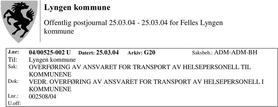 FOR TRANSPORT AV HELSEPERSONELL TIL KOMMUNENE Dok: VEDR.