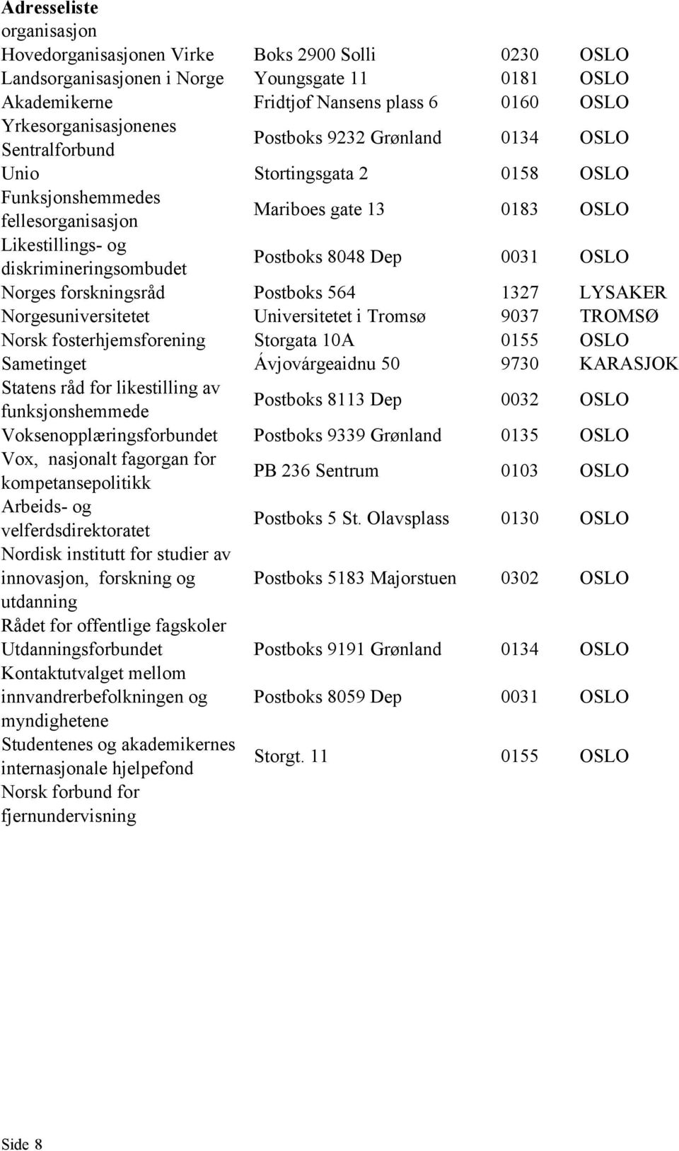 Dep 0031 OSLO Norges forskningsråd Postboks 564 1327 LYSAKER Norgesuniversitetet Universitetet i Tromsø 9037 TROMSØ Norsk fosterhjemsforening Storgata 10A 0155 OSLO Sametinget Ávjovárgeaidnu 50 9730