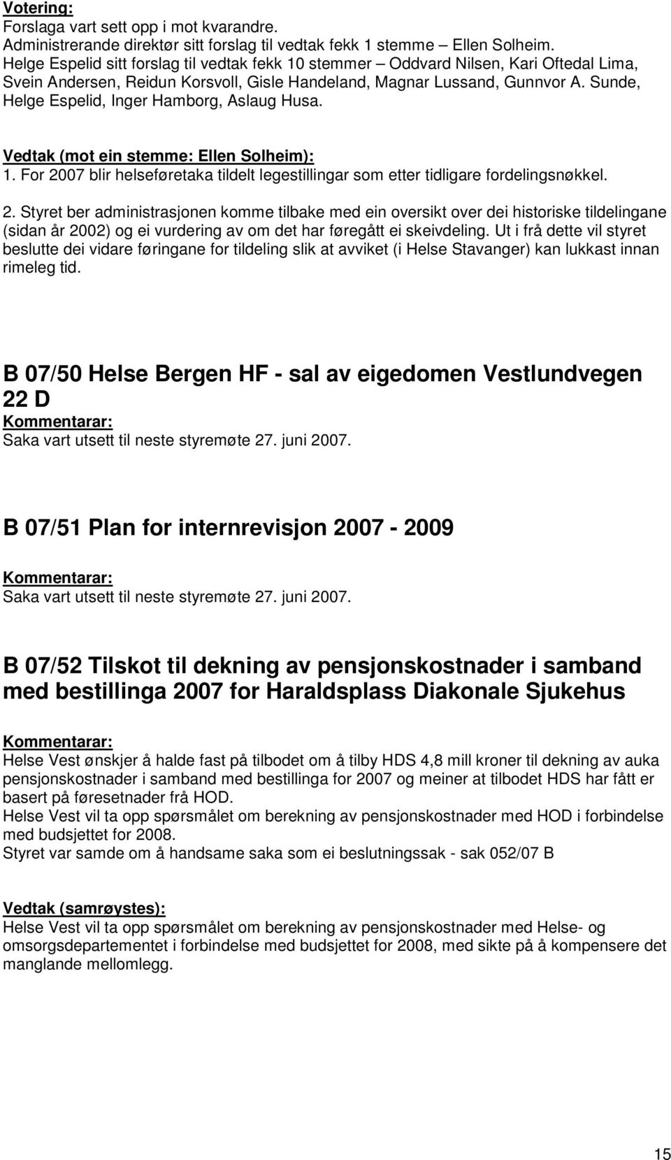 Sunde, Helge Espelid, Inger Hamborg, Aslaug Husa. Vedtak (mot ein stemme: Ellen Solheim): 1. For 20