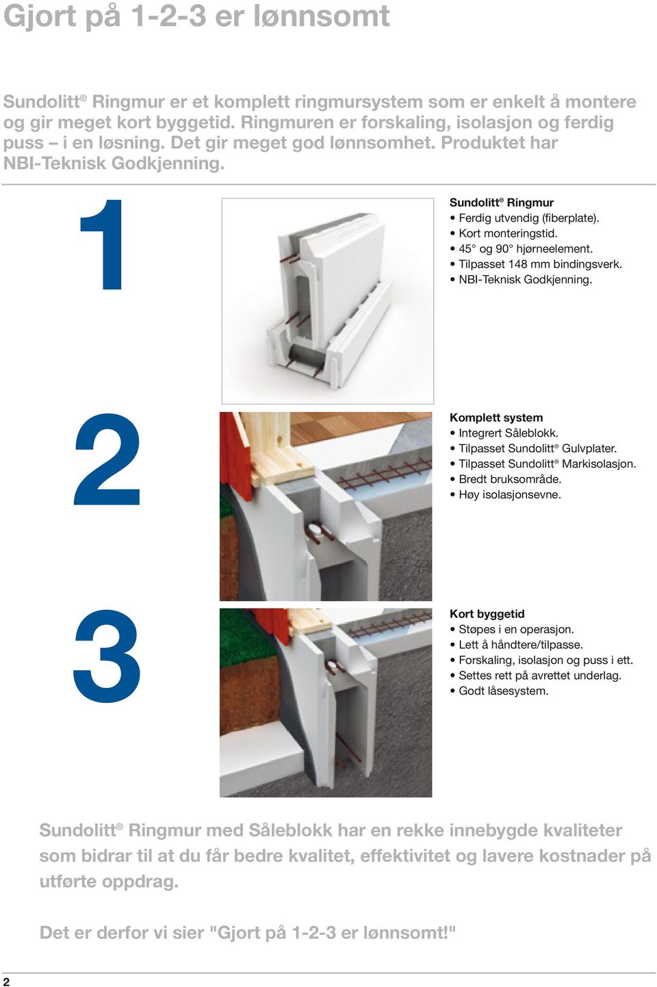 NBI-Teknisk Godkjenning. 2 Komplett system Integrert Såleblokk. Tilpasset Sundolitt Gulvplater. Tilpasset Sundolitt Markisolasjon. Bredt bruksområde. Høy isolasjonsevne.