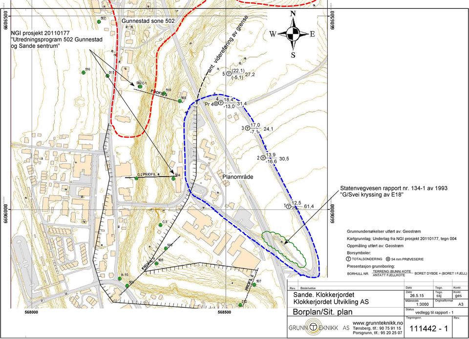 134-1 av 1993 "G/Svei kryssing av E18" Grunnundersøkelser utført av: Geostrøm Kartgrunnlag: Underlag fra NGI prosjekt 20110177, tegn 004 Oppmåling utført av: Geostrøm Borsymboler: T TOTALSONDERING 54