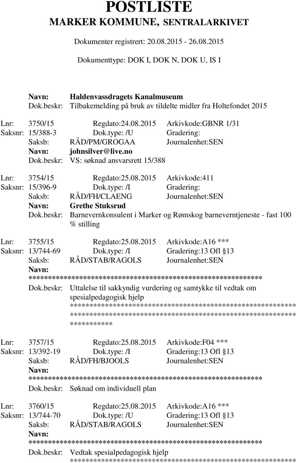 type: /I Gradering: Saksb: RÅD/FH/CLAENG Journalenhet:SEN Grethe Stuksrud Dok.beskr: Barnevernkonsulent i Marker og Rømskog barneverntjeneste - fast 100 % stilling Lnr: 3755/15 Regdato:25.08.