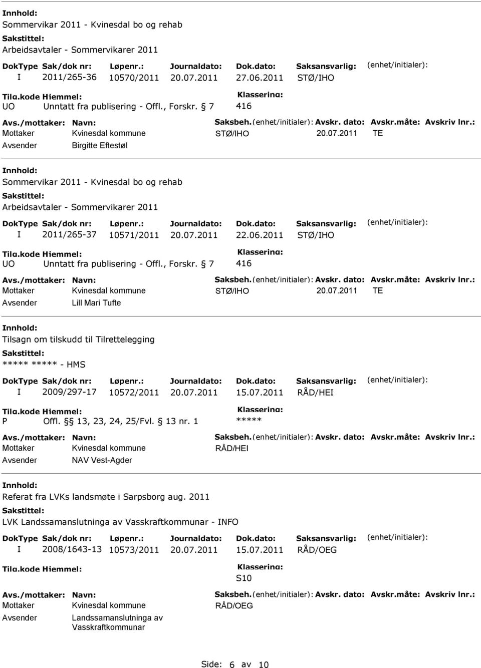 2011 STØ/HO O nntatt fra publisering - Offl., Forskr. 7 416 Mottaker STØ/HO T Lill Mari Tufte Tilsagn om tilskudd til Tilrettelegging - HMS 2009/297-17 10572/2011 RÅD/H P Offl.