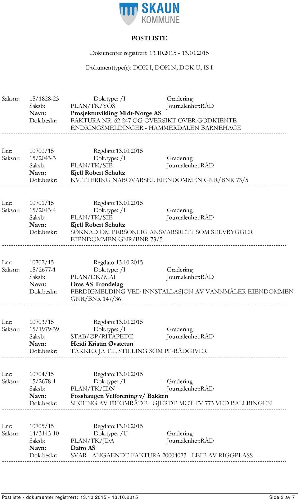 type: /I Gradering: Kjell Robert Schultz KVITTERING NABOVARSEL EIENDOMMEN GNR/BNR 73/5 Lnr: 10701/15 Regdato:13.10.2015 Saksnr: 15/2043-4 Dok.