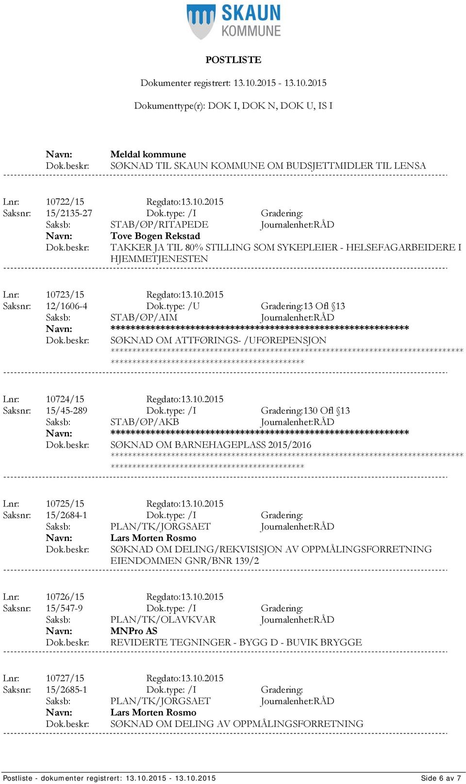 type: /U Gradering:13 Ofl 13 Saksb: STAB/ØP/AIM Journalenhet:RÅD *************** SØKNAD OM ATTFØRINGS- /UFØREPENSJON ************************************* Lnr: 10724/15 Regdato:13.10.2015 Saksnr: 15/45-289 Dok.