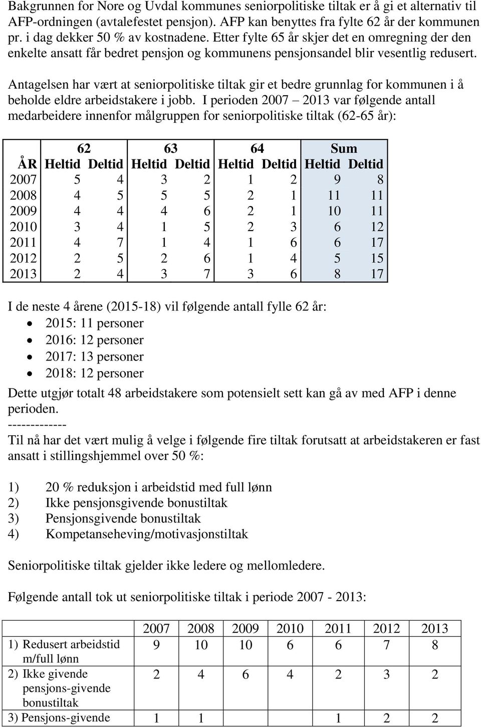 Antagelsen har vært at seniorpolitiske tiltak gir et bedre grunnlag for kommunen i å beholde eldre arbeidstakere i jobb.