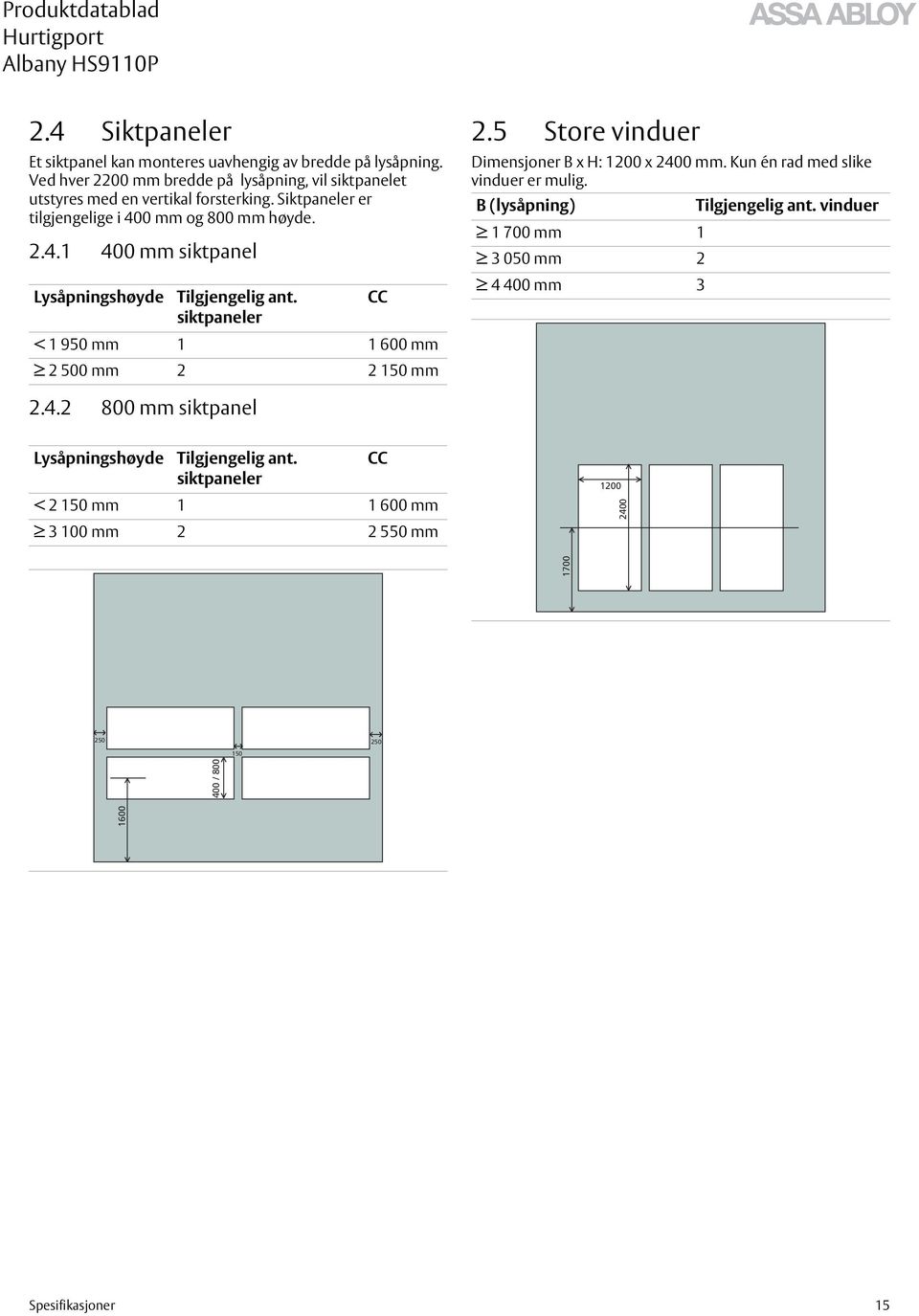 CC siktpaneler < 1 950 mm 1 1 600 mm 2 500 mm 2 2 150 mm 2.5 Store vinduer Dimensjoner B x H: 1200 x 2400 mm. Kun én rad med slike vinduer er mulig.