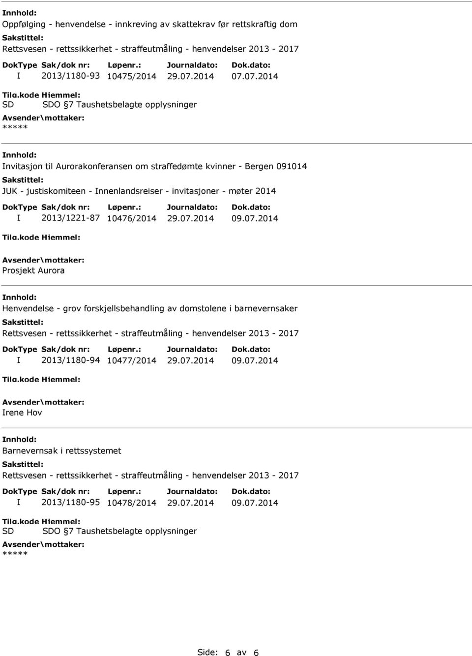 07.2014 rosjekt Aurora Henvendelse - grov forskjellsbehandling av domstolene i barnevernsaker Rettsvesen - rettssikkerhet - straffeutmåling - henvendelser 2013-2017