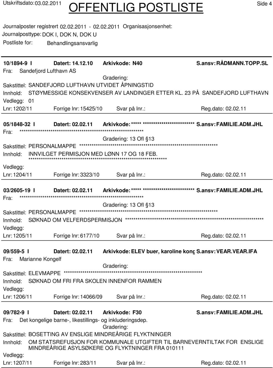 23 PÅ SANDEFJORD LUFTHAVN 01 Lnr: 1202/11 Forrige lnr: 15425/10 Svar på lnr.: Reg.dato: 02.02.11 05/1848-32 I Datert: 02.02.11 Arkivkode:***** ****************************** S.ansv: FAMILIE.ADM.