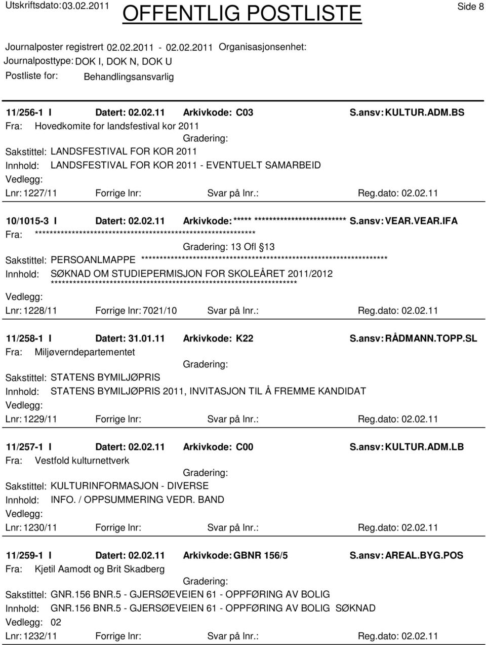 02.11 10/1015-3 I Datert: 02.02.11 Arkivkode:***** ****************************** S.ansv: VEAR.