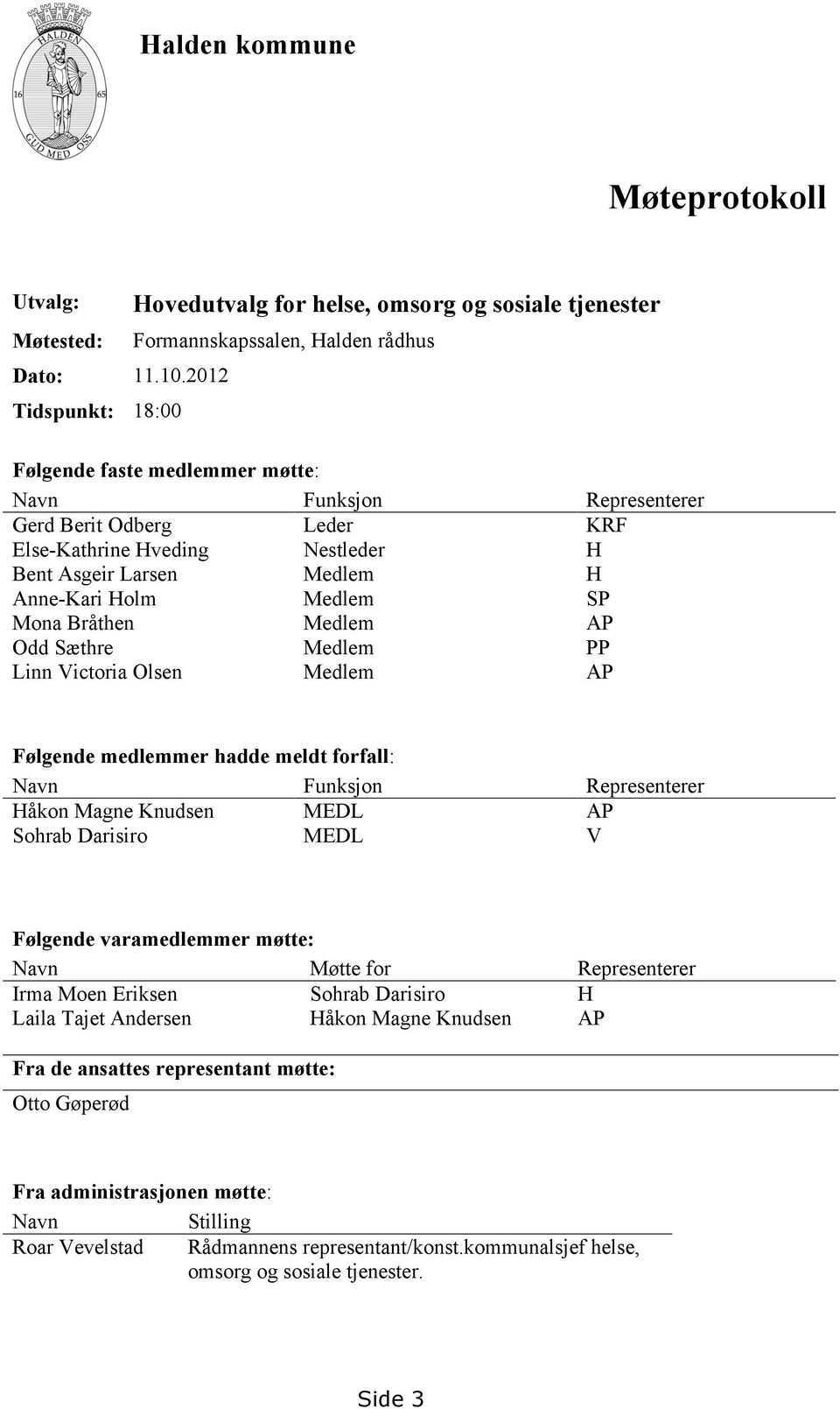 Else-Kathrine Hveding Nestleder H Bent Asgeir Larsen Medlem H Anne-Kari Holm Medlem SP Mona Bråthen Medlem AP Odd Sæthre Medlem PP Linn Victoria Olsen Medlem AP Følgende medlemmer hadde meldt