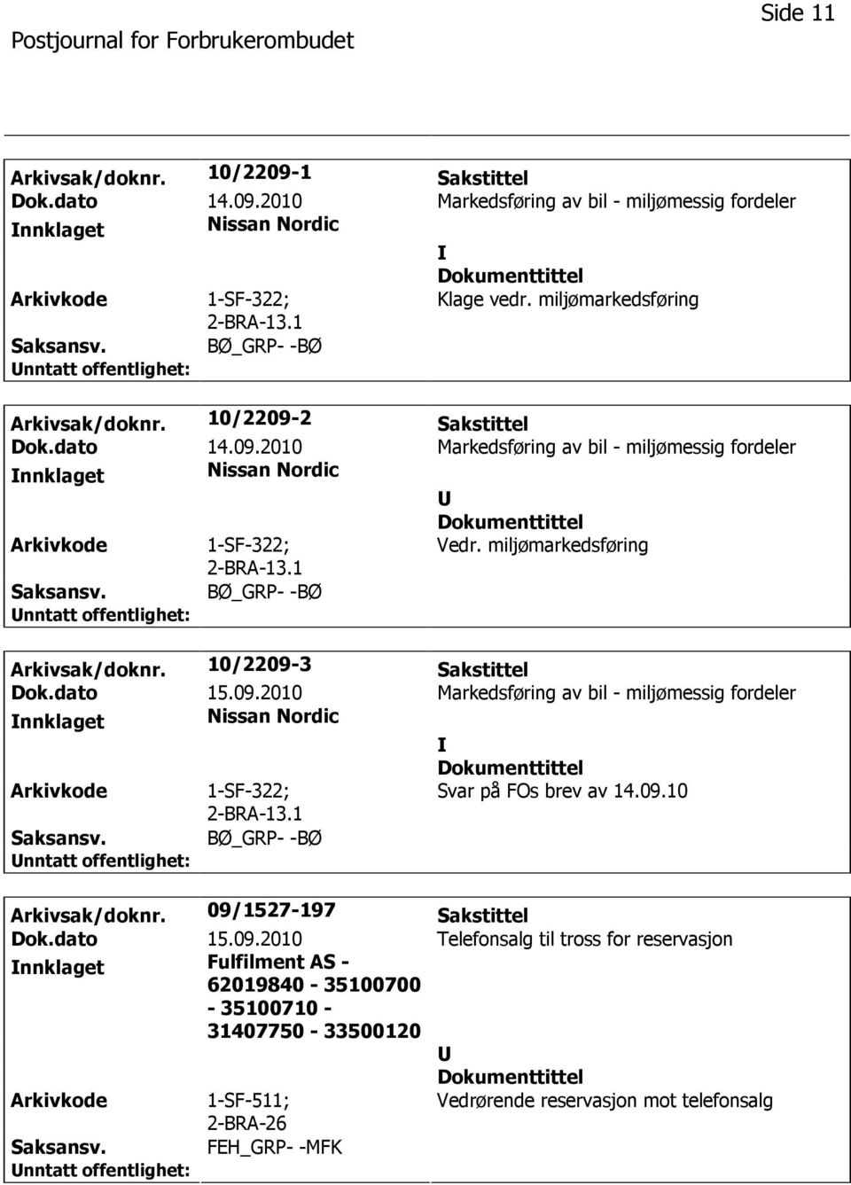 miljømarkedsføring BØ_GRP- -BØ Arkivsak/doknr. 10/2209-3 Sakstittel Dok.dato 15.09.2010 Markedsføring av bil - miljømessig fordeler nnklaget Nissan Nordic 1-SF-322; 2-BRA-13.1 Svar på FOs brev av 14.