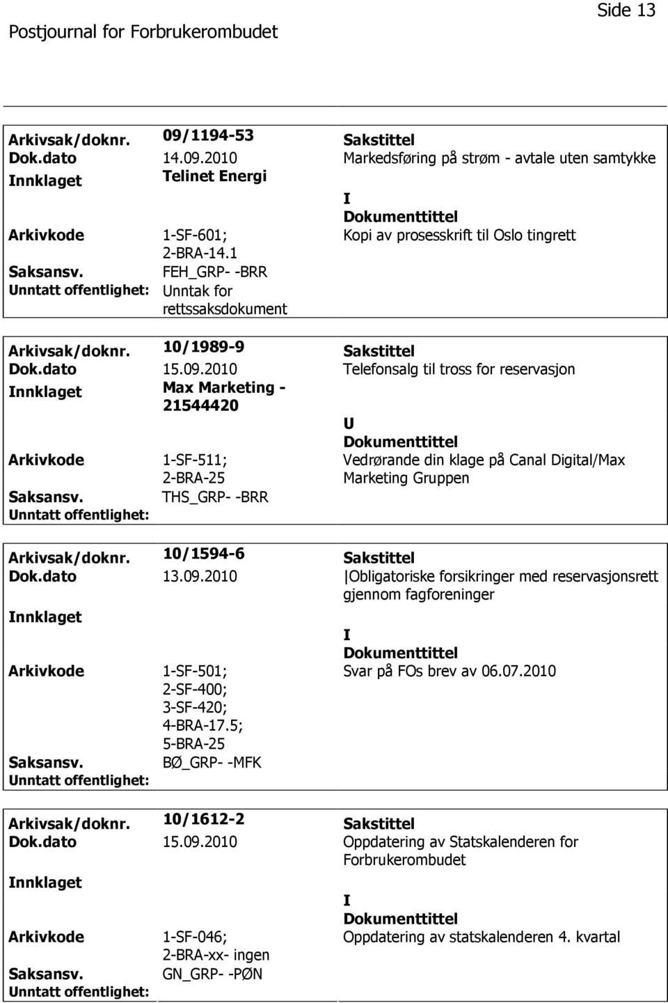 2010 Telefonsalg til tross for reservasjon nnklaget Max Marketing - 21544420 1-SF-511; Vedrørande din klage på Canal Digital/Max Marketing Gruppen THS_GRP- -BRR Arkivsak/doknr.