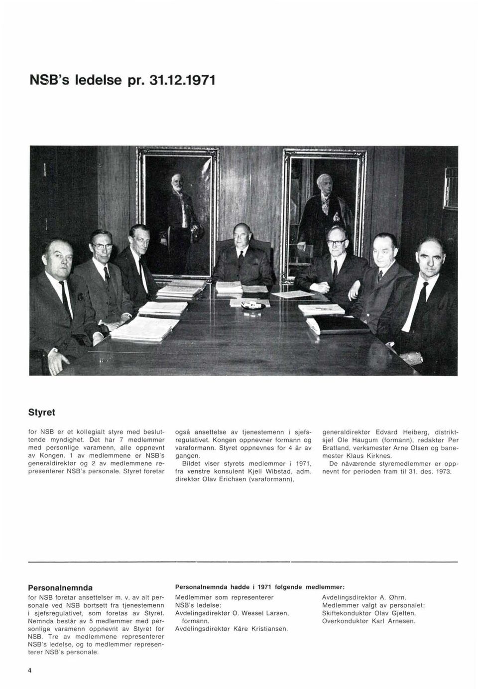 Styret oppnevnes for 4 år av gangen. Bildet viser styrets medlemmer i 1971, fra venstre konsulent Kjell Wibstad, adm.