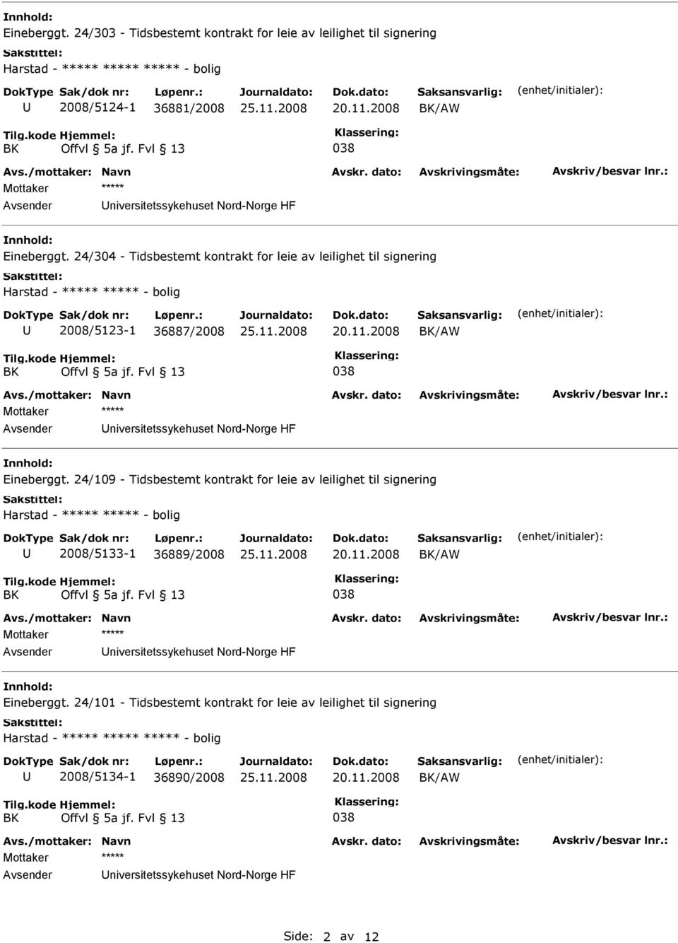 HF  24/304 - Tidsbestemt kontrakt for leie av leilighet til signering 2008/5123-1 36887/2008 /AW niversitetssykehuset Nord-Norge HF  24/109 - Tidsbestemt