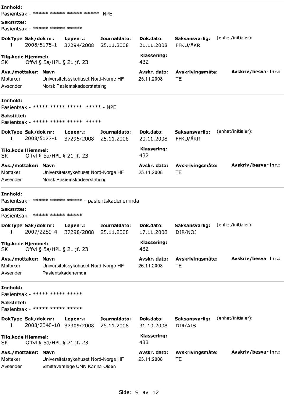 432 Mottaker niversitetssykehuset Nord-Norge HF TE Norsk Pasientskadeerstatning - pasientskadenemnda 2007/2259-4 37298/2008 17.11.