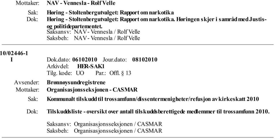 dato: Brønnøysundregistrene Organisasjonsseksjonen - CASMAR Kommunalt tilskudd til trossamfunn/dissentermenigheter/refusjon av