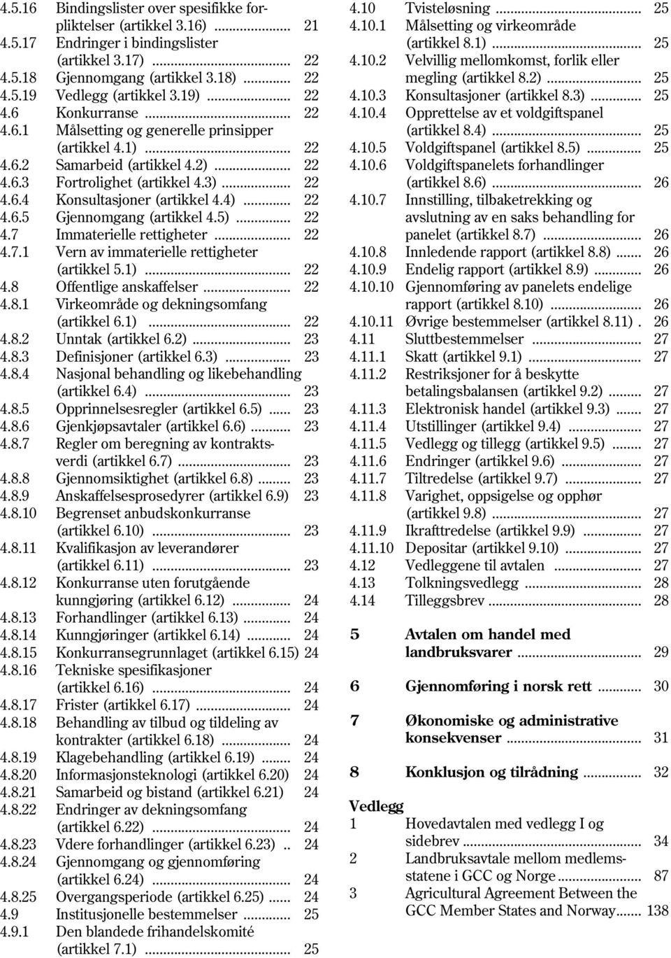 .. 25 4.6 Konkurranse... 22 4.10.4 Opprettelse av et voldgiftspanel 4.6.1 Målsetting og generelle prinsipper (artikkel 8.4)... 25 (artikkel 4.1)... 22 4.10.5 Voldgiftspanel (artikkel 8.5)... 25 4.6.2 Samarbeid (artikkel 4.