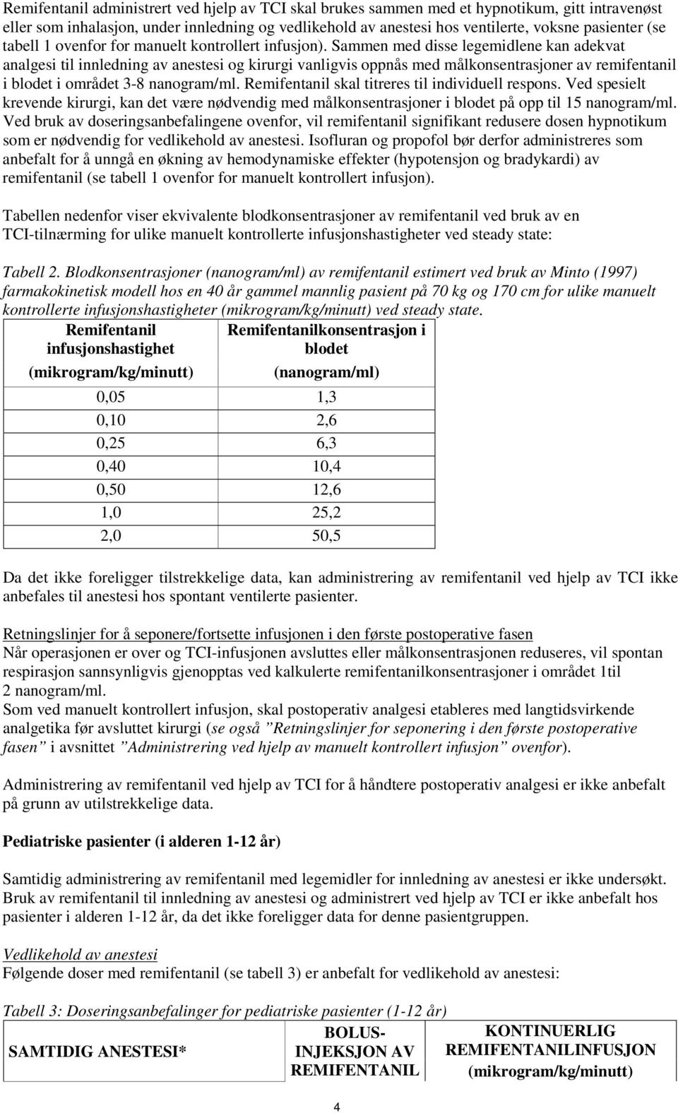 Sammen med disse legemidlene kan adekvat analgesi til innledning av anestesi og kirurgi vanligvis oppnås med målkonsentrasjoner av remifentanil i blodet i området 3-8 nanogram/ml.