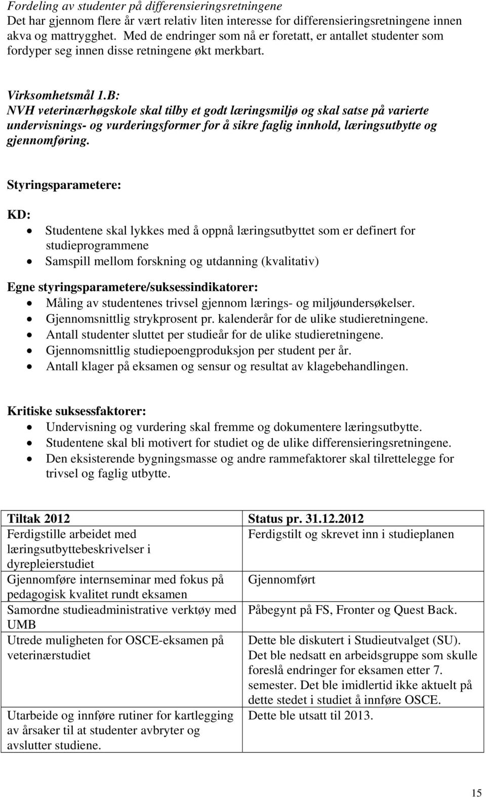 B: NVH veterinærhøgskole skal tilby et godt læringsmiljø og skal satse på varierte undervisnings- og vurderingsformer for å sikre faglig innhold, læringsutbytte og gjennomføring.