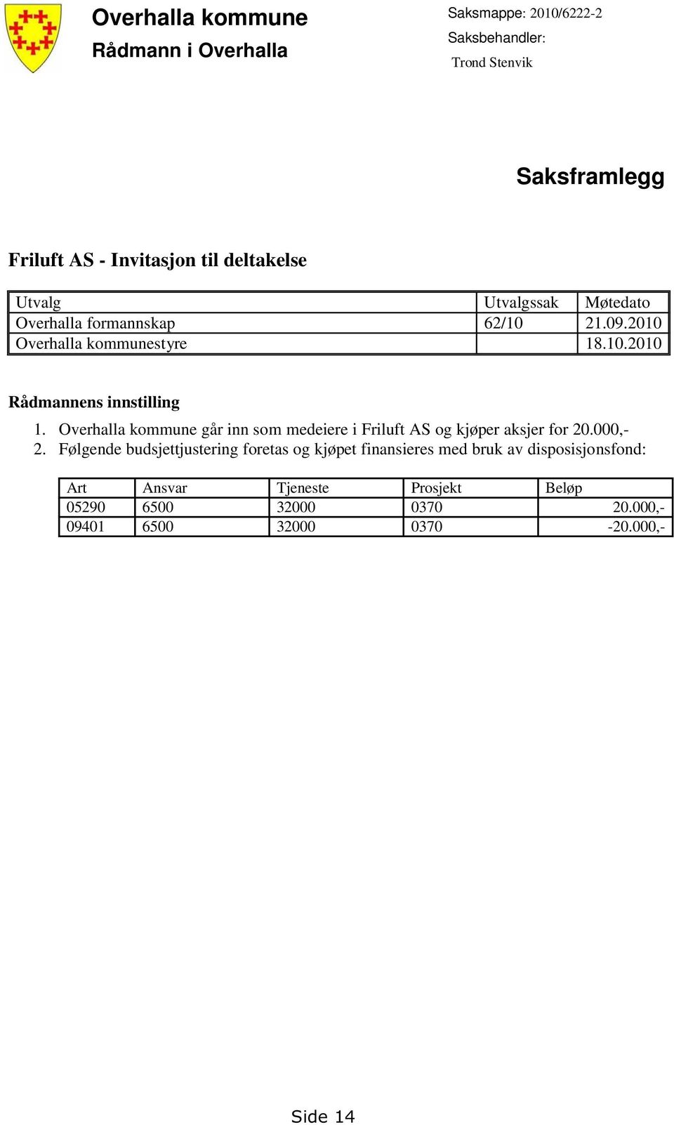 Overhalla kommune går inn som medeiere i Friluft AS og kjøper aksjer for 20.000,- 2.