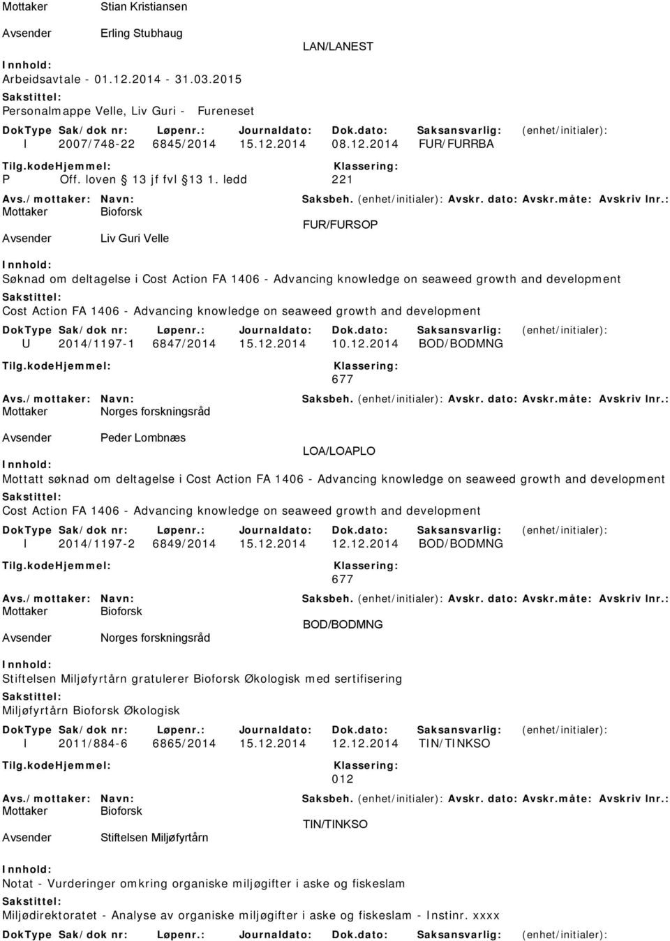 ledd 221 Avsender Liv Guri Velle Søknad om deltagelse i Cost Action FA 1406 - Advancing knowledge on seaweed growth and development Cost Action FA 1406 - Advancing knowledge on seaweed growth and