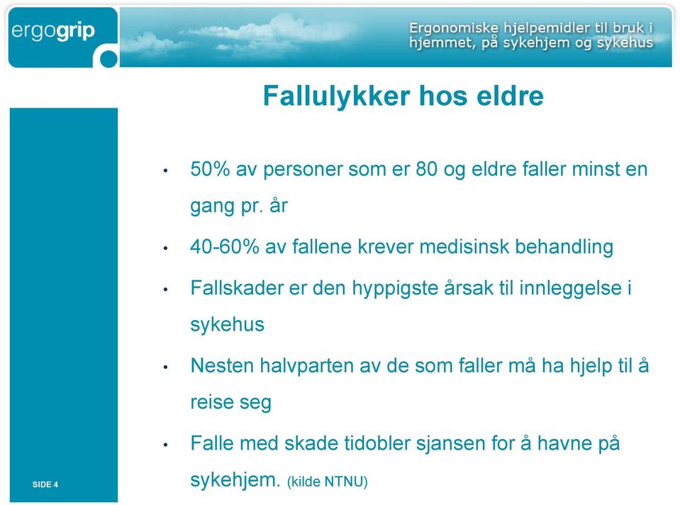 til innleggelse i sykehus Nesten halvparten av de som faller må ha hjelp til å