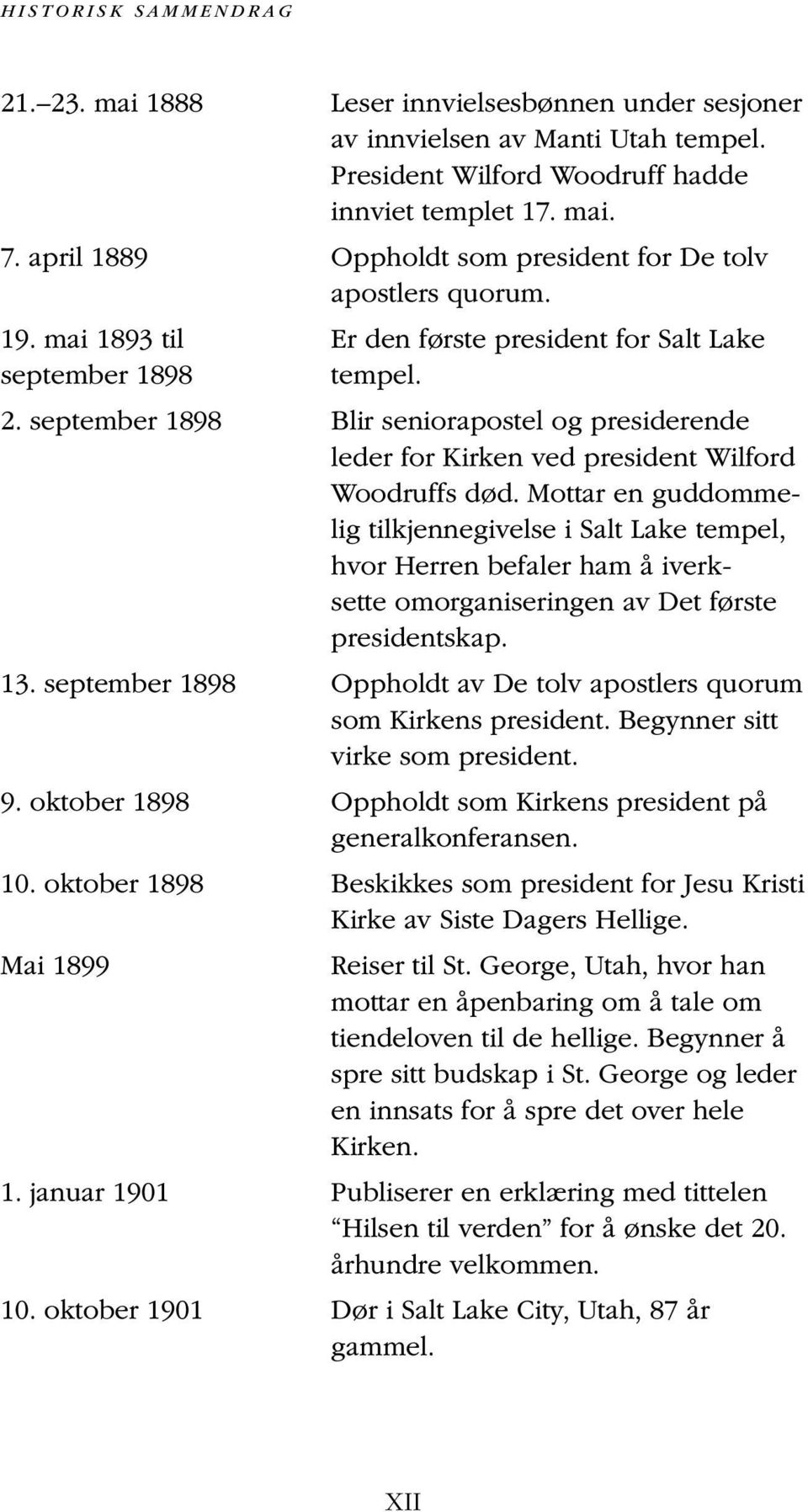 september 1898 Blir seniorapostel og presiderende leder for Kirken ved president Wilford Woodruffs død.