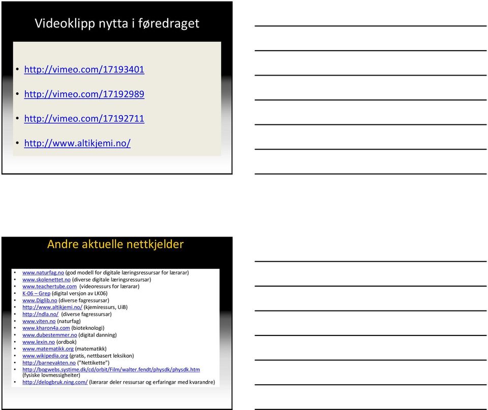 diglib.no(diverse fagressursar) http://www.altikjemi.no/(kjemiressurs, UiB) http://ndla.no/ (diverse fagressursar) www.viten.no(naturfag) www.kharon4a.com(bioteknologi) www.dubestemmer.