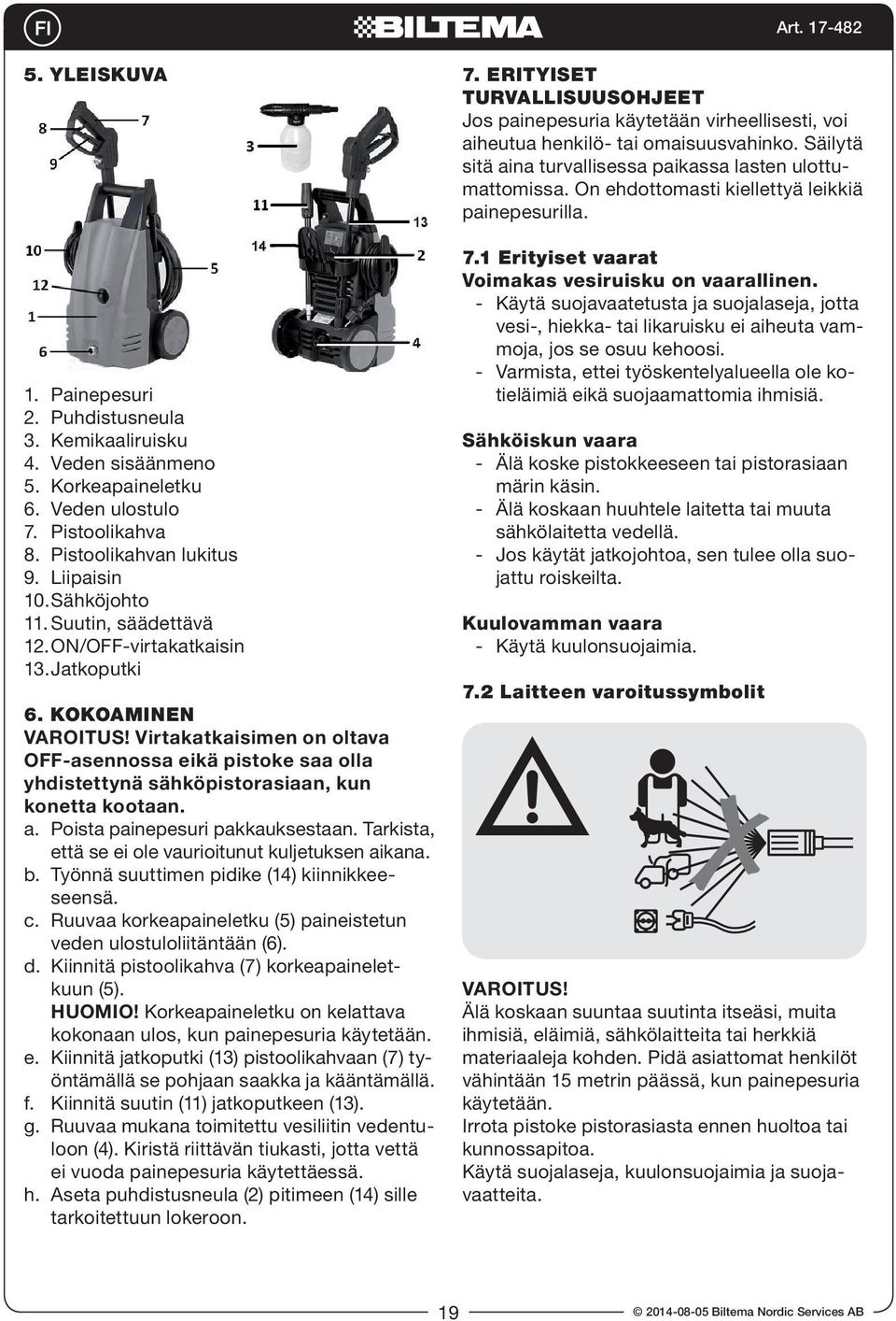 a. Poista painepesuri pakkauksestaan. Tarkista, että se ei ole vaurioitunut kuljetuksen aikana. b. Työnnä suuttimen pidike (14) kiinnikkeeseensä. c.