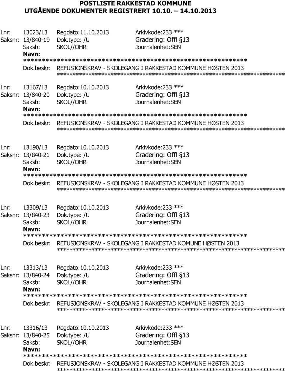 type: /U Gradering: Offl 13 ************ Lnr: 13309/13 Regdato:10.10.2013 Arkivkode:233 *** Saksnr: 13/840-23 Dok.type: /U Gradering: Offl 13 Dok.