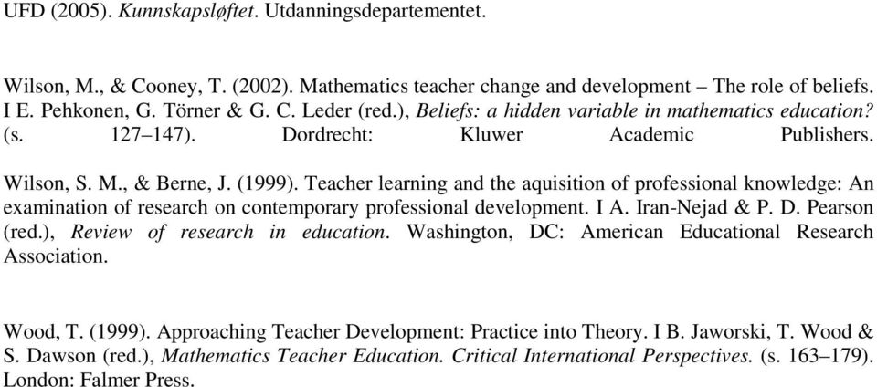 Teacher learning and the aquisition of professional knowledge: An examination of research on contemporary professional development. I A. Iran-Nejad & P. D. Pearson (red.