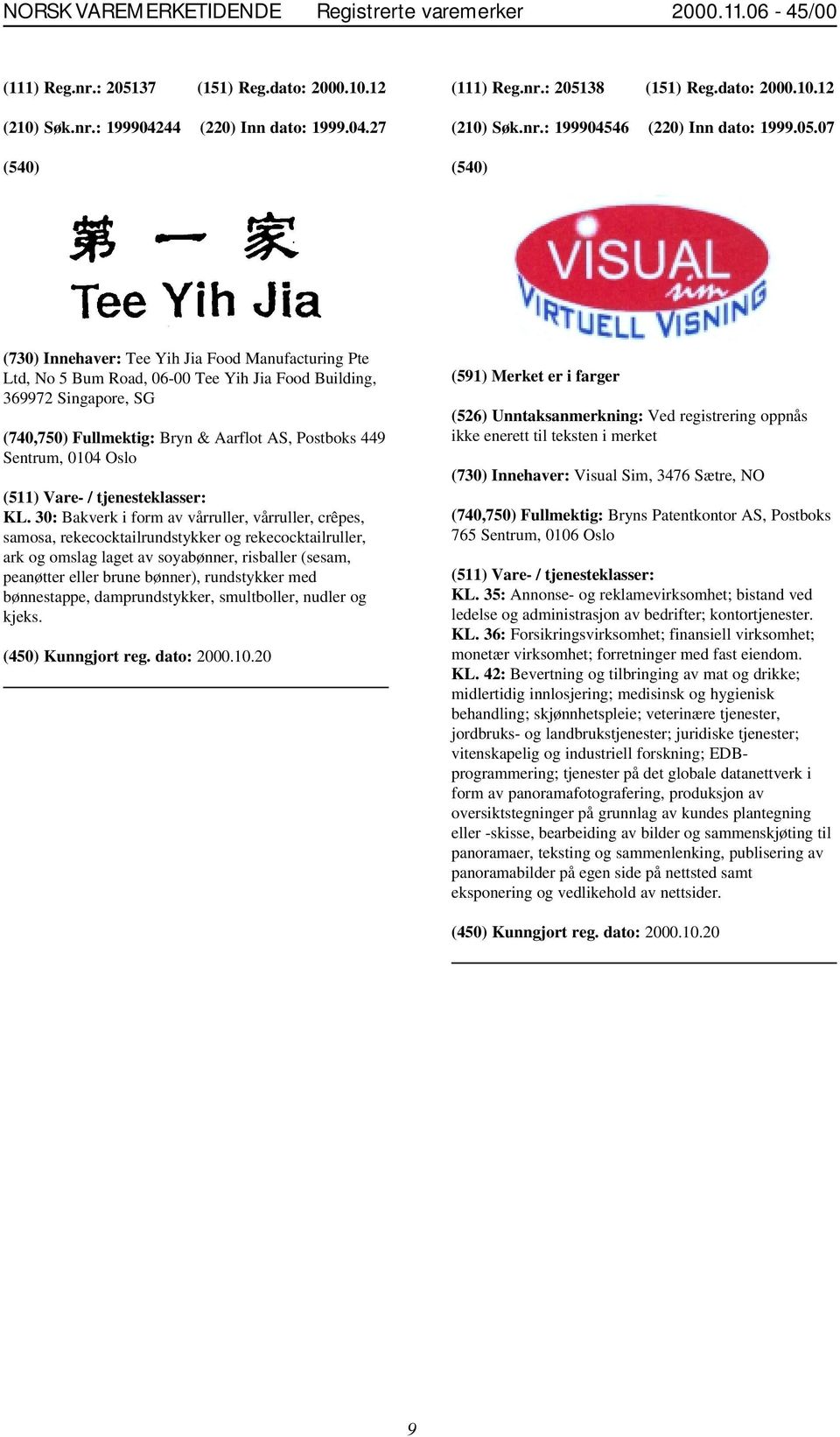 07 (730) Innehaver: Tee Yih Jia Food Manufacturing Pte Ltd, No 5 Bum Road, 06-00 Tee Yih Jia Food Building, 369972 Singapore, SG (740,750) Fullmektig: Bryn & Aarflot AS, Postboks 449 Sentrum, 0104