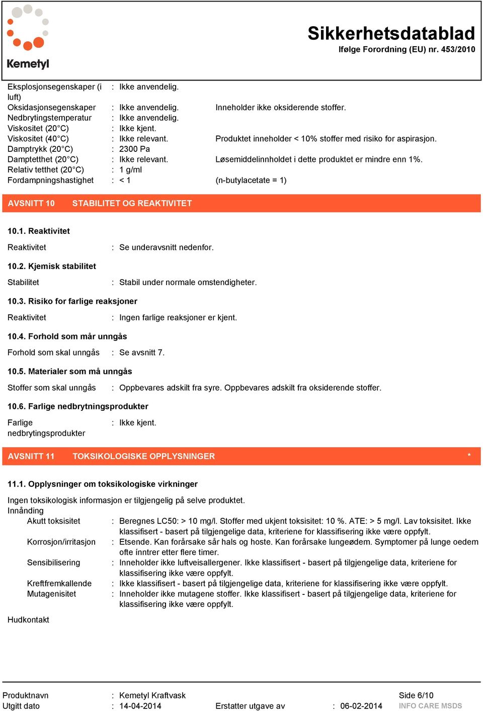 Løsemiddelinnholdet i dette produktet er mindre enn 1%. Relativ tetthet (20 C) : 1 g/ml Fordampningshastighet : < 1 (n-butylacetate = 1) AVSNITT 10 STABILITET OG REAKTIVITET 10.1. Reaktivitet Reaktivitet : Se underavsnitt nedenfor.